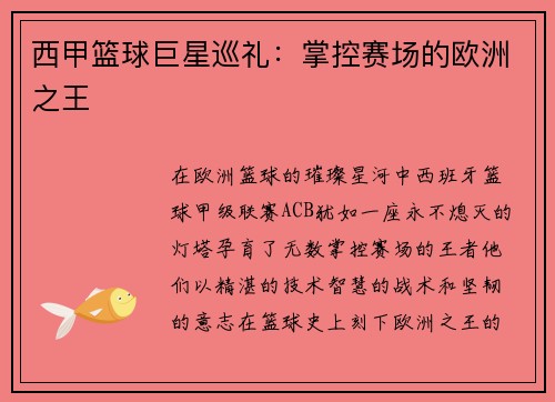 西甲篮球巨星巡礼：掌控赛场的欧洲之王