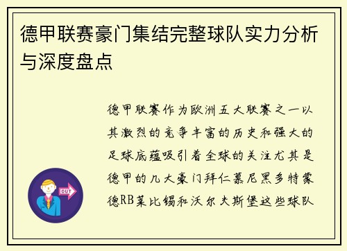 德甲联赛豪门集结完整球队实力分析与深度盘点